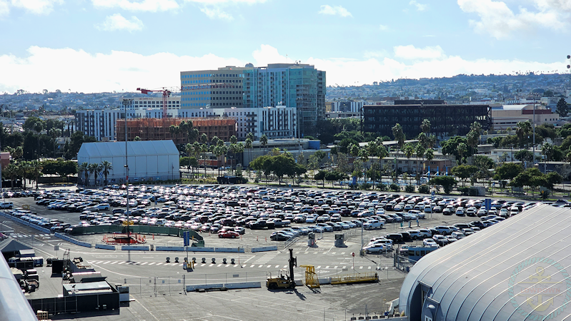 Los Angeles Cruise Port in San Pedro, California with cruise terminal parking, embarkation area, and waterfront views near the World Cruise Center