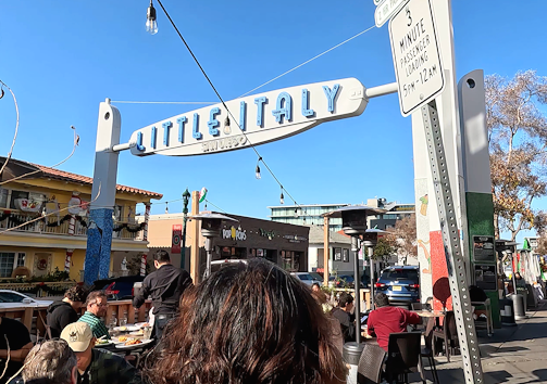 Left image alt text: Little Italy in San Diego, California near the cruise port, a popular walkable neighborhood for restaurants, cafes, and local food