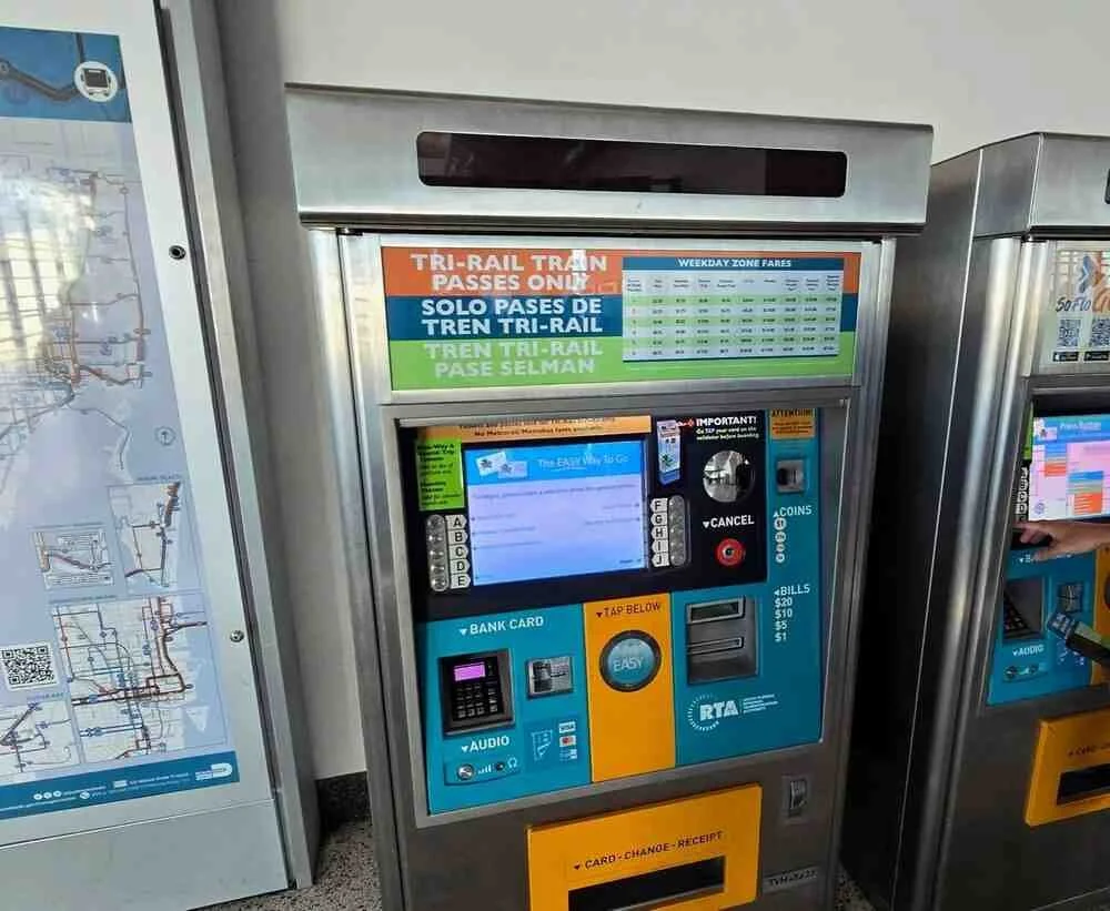 Tri-Rail ticket machine at Miami International Airport for South Florida public transit connections before a PortMiami cruise