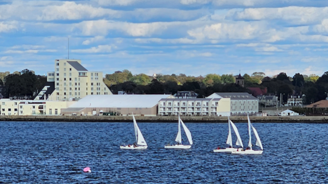 Sailboats on Newport Harbor in Newport, Rhode Island, with downtown waterfront buildings in the background