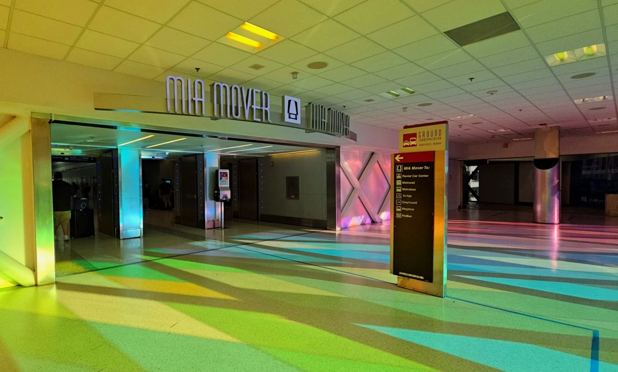 MIA Mover entrance at Miami International Airport, a free airport train connection for cruise travelers heading to PortMiami