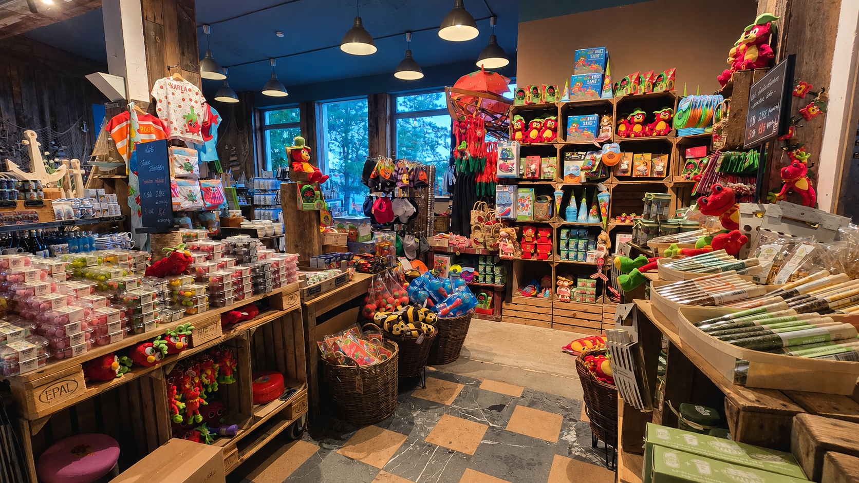 Inside Carl's Pier 7 souvenir shop near the Warnemünde cruise terminal, featuring local souvenirs, strawberry-themed products, and gifts for cruise visitors.
