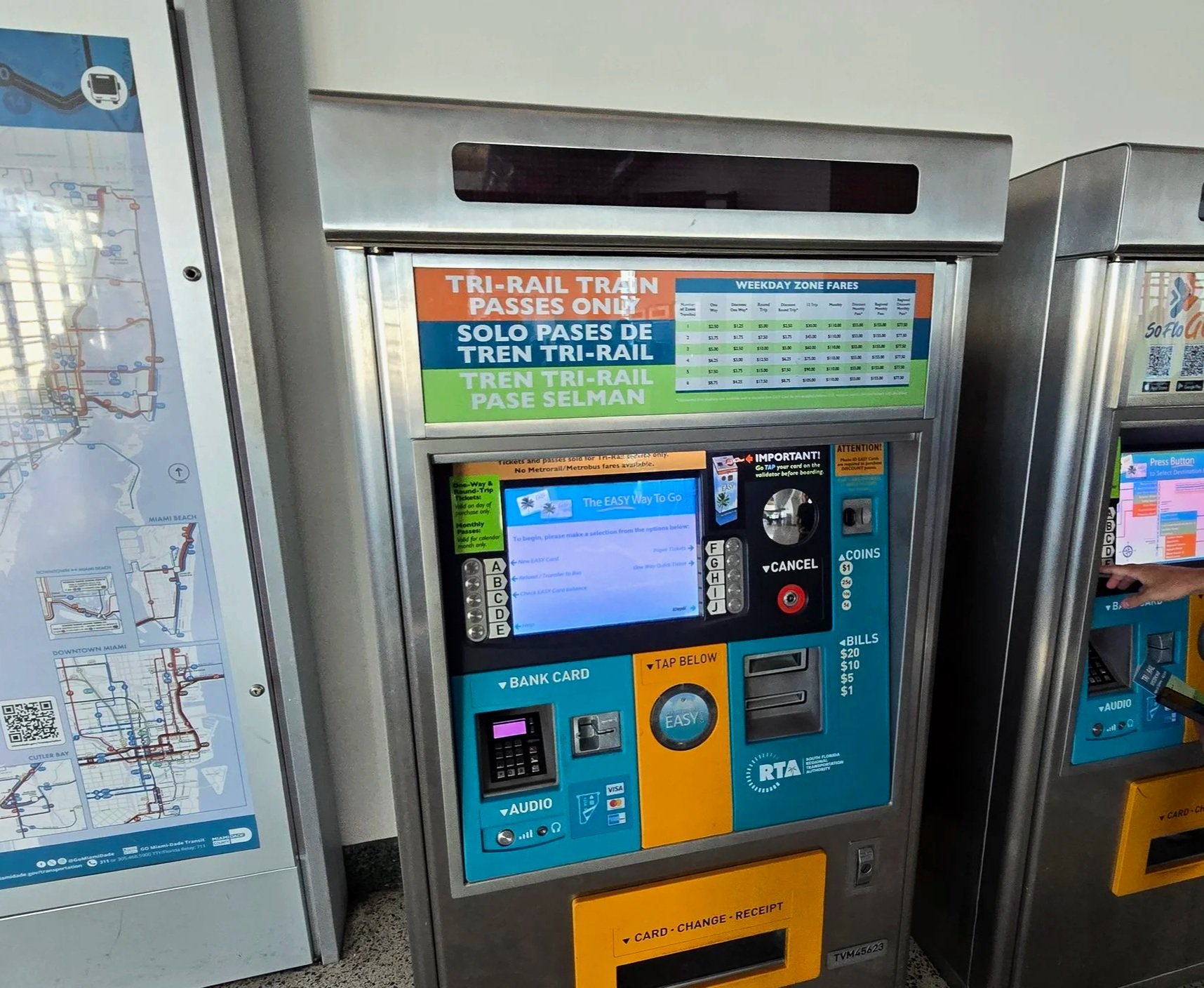 Tri-Rail ticket machine at Miami International Airport for South Florida public transit connections before a PortMiami cruise