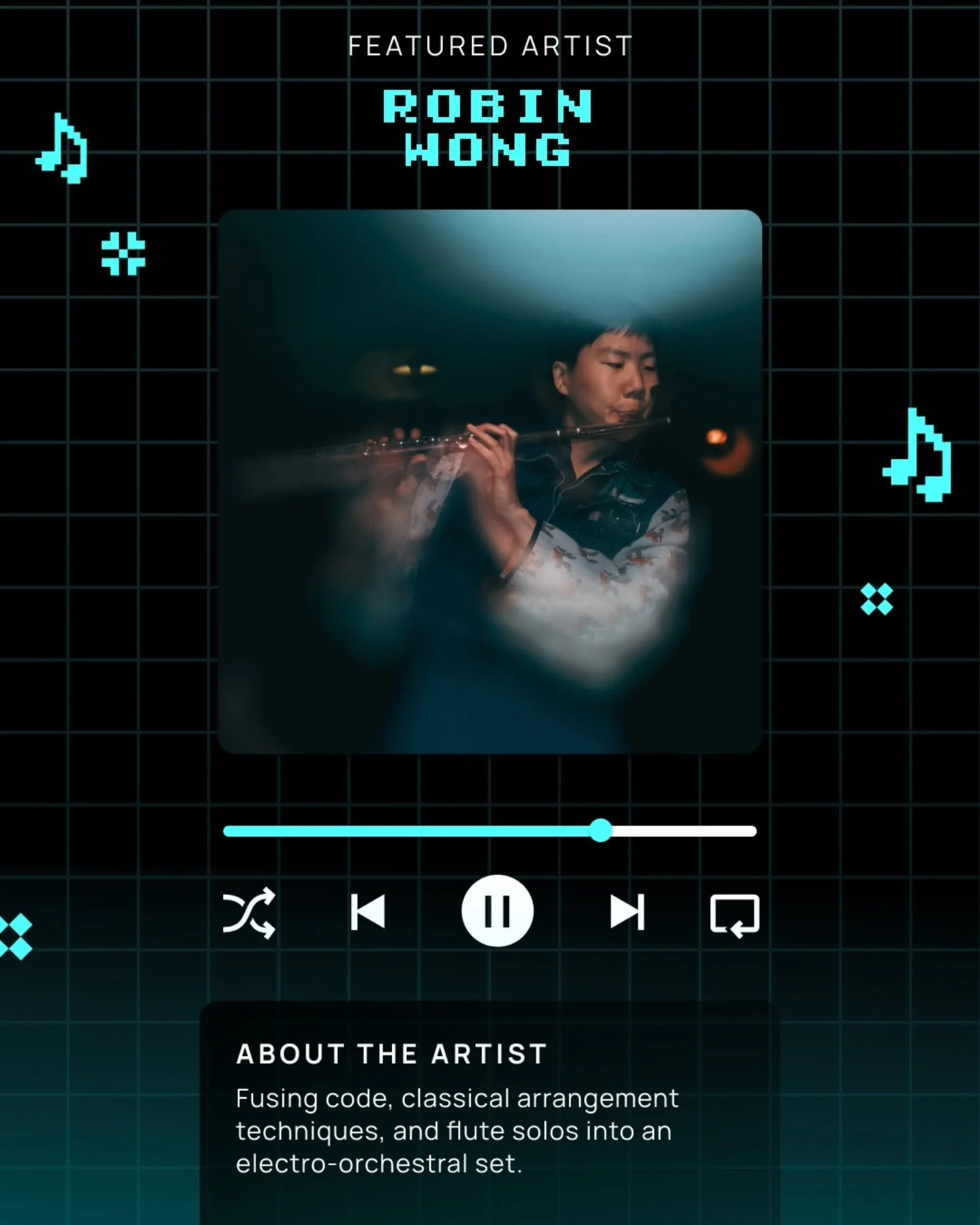 Here with a full electro-orchestral set, Robin (@robinwongmusic) will be fusing code, classical arrangement techniques, and jazz harmonies together at Beep Boop Night!

Enjoy flute solos, along with all the fun chiptune sounds and classic videogame b