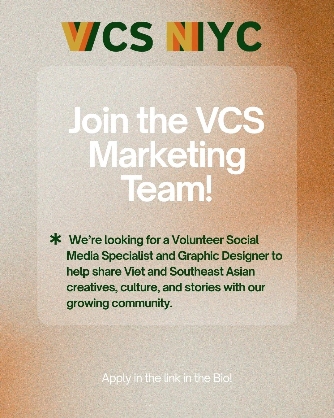*CURRENTLY CLOSED* Love design, content, and supporting the Vietnamese and Southeast Asian community? 

VCS is looking for marketing volunteers to join our team!

🌟 Open roles:
🎨 Graphic Designer

- Create fun visuals for socials &amp; events

- He