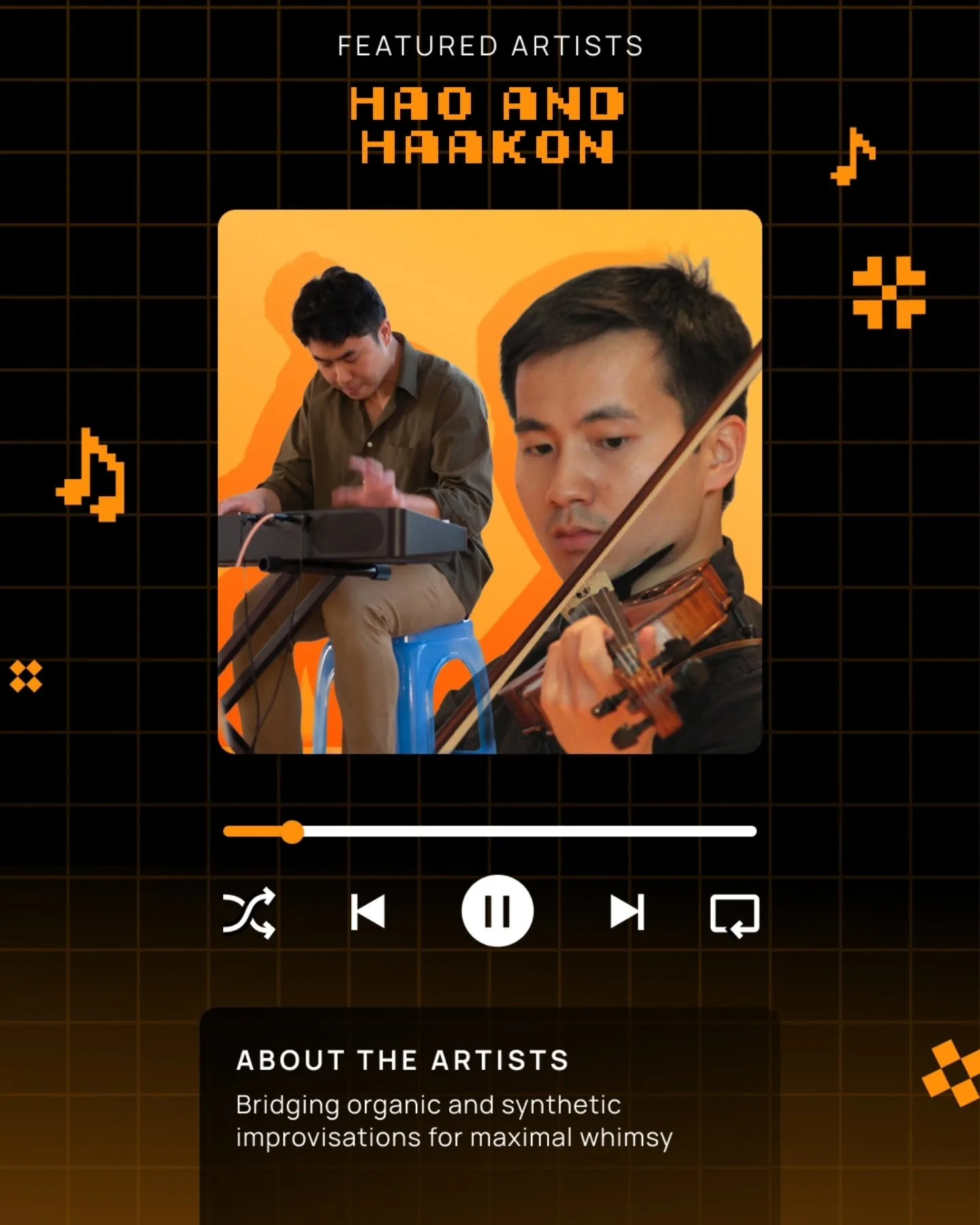 Blending classical and electronic music, Hao Le (@hao.composer) and Haakon Huynh (@haakon.huynh) will be performing a duet set at our AAPI Beep Boop Night!&nbsp;

Enjoy a whimsical blend of melodies, as the duo improvises across keyboard, violin, and