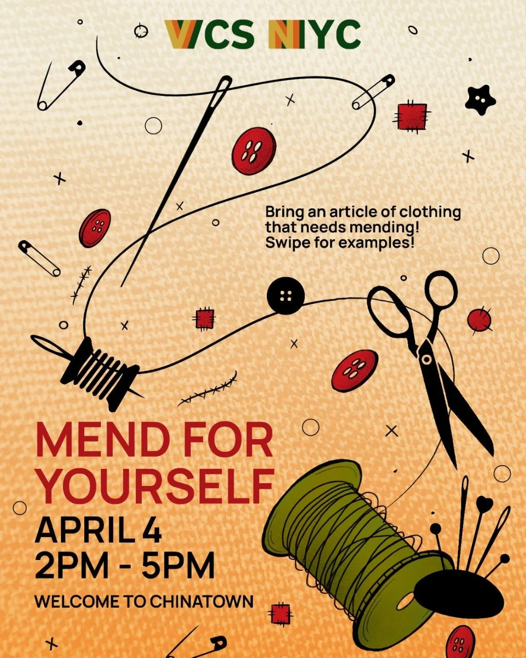 Come join us for a Mending Workshop on 4/4 from 2&ndash;5 PM at @welcome.to.chinatown 

Bring a well-loved garment that needs a little care and learn simple mending techniques&mdash;like patching, stitching, and creative repair&mdash;while connecting