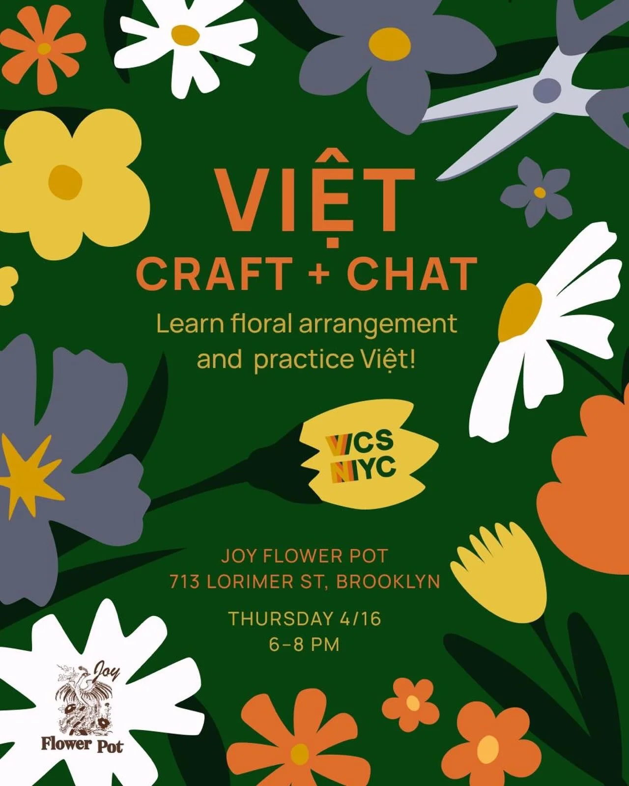 Tập tiếng Việt and craft at Joy Flower Pot! ✨💐 Thursday, 4/16

We&rsquo;re back for another Craft &amp; Chat&mdash;this time with flowers! Join us for a cozy evening of practicing Vietnamese, connecting with community, and getting crafty together at