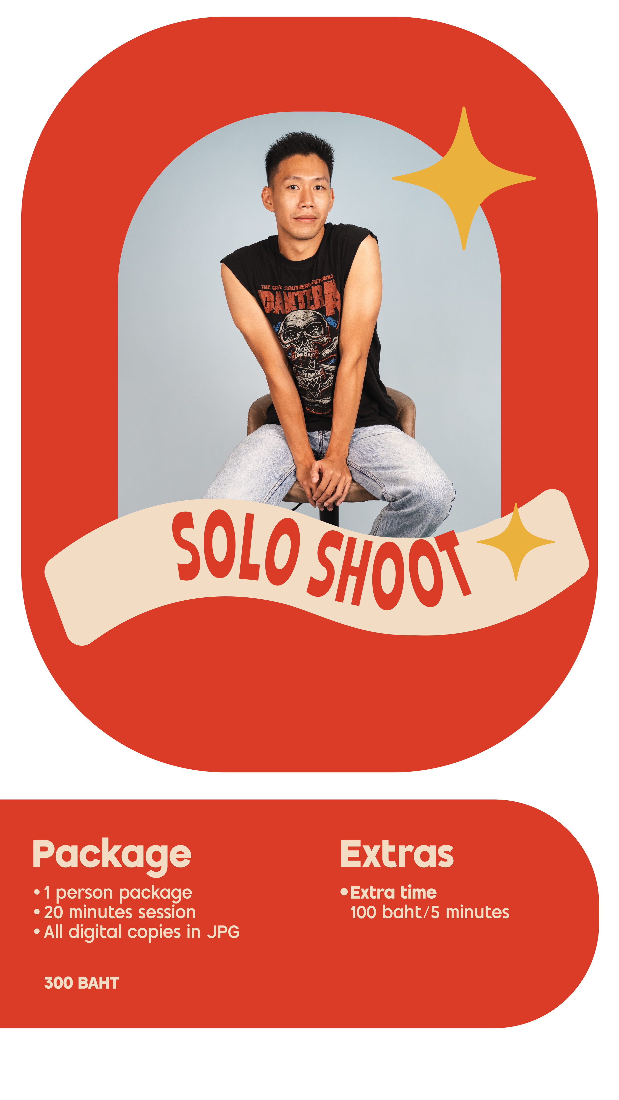 A person sitting on a chair with crossed arms, wearing a black sleeveless T-shirt with a skull graphic, against a light blue background; overlaid by a red graphic with gold stars and a beige banner reading 'Solo Shoot.' Additional text describes a ph