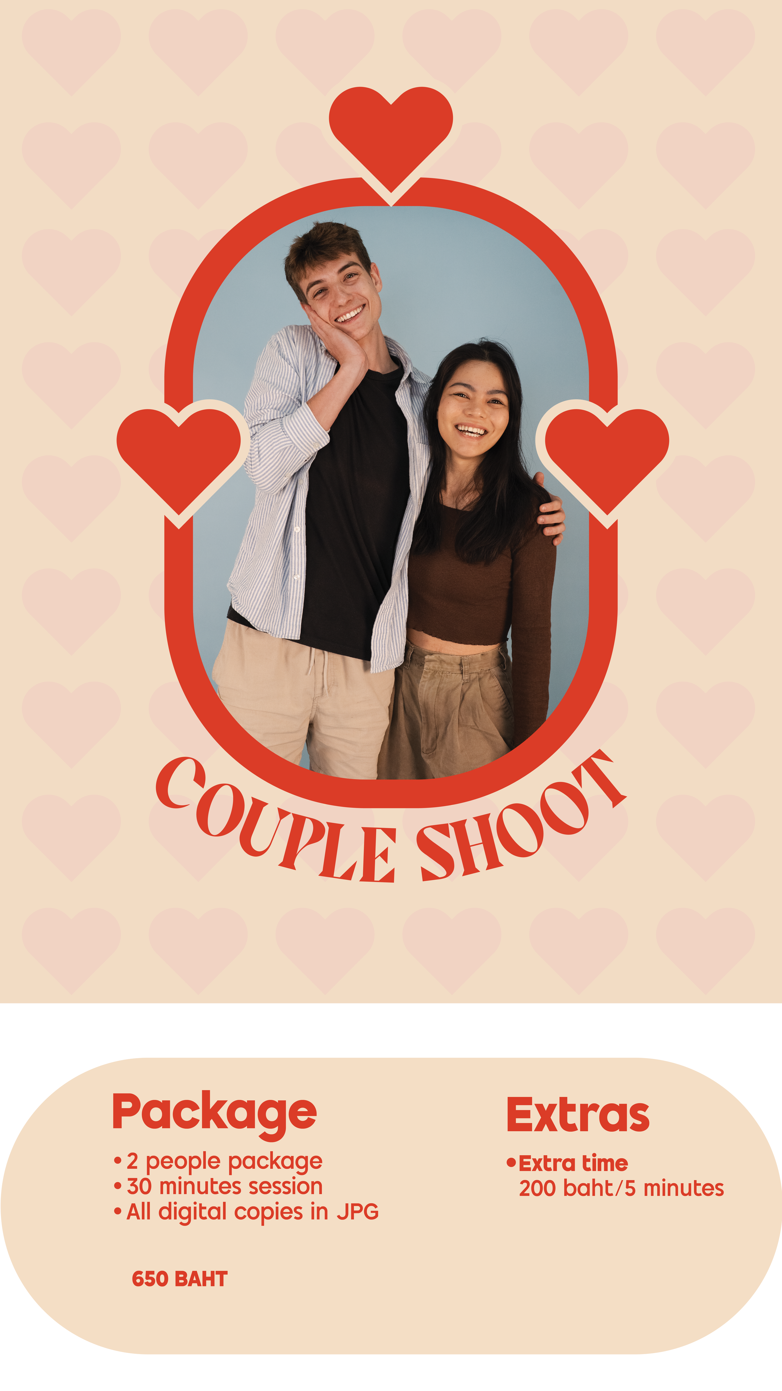 A promotional flyer for a couple's photoshoot featuring a smiling young man and woman standing together, surrounded by heart graphics, with text advertising a package for two people, 30-minute session, all digital copies in JPG, priced at 650 Baht, a