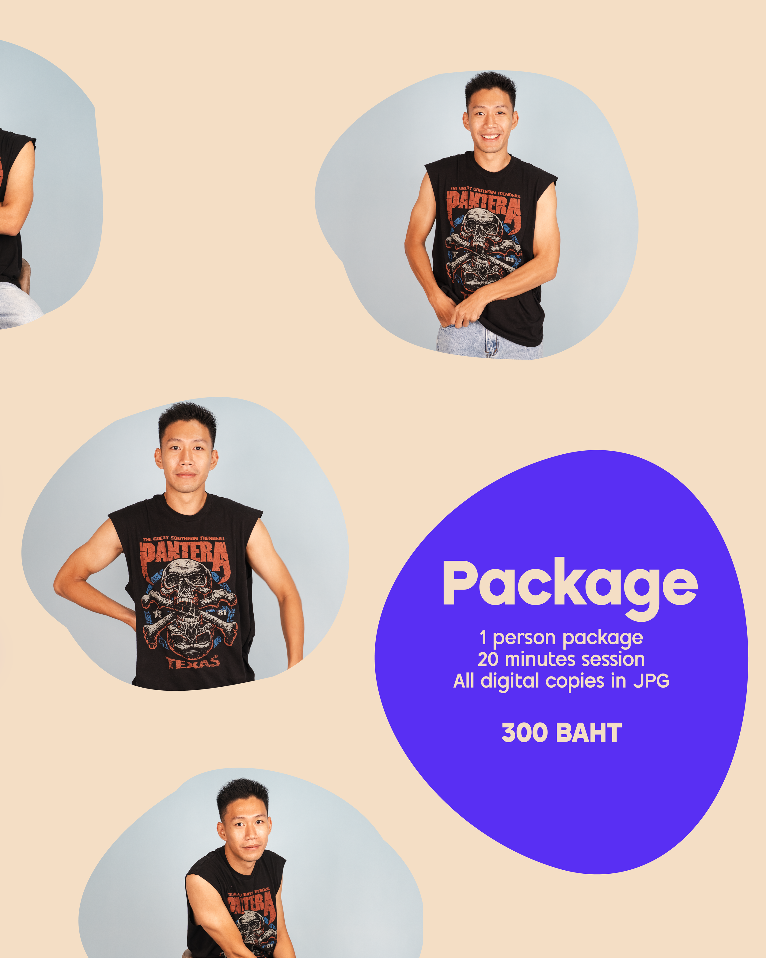 Promotional graphic advertising a personal photography package, featuring four photos of a young man with short black hair, wearing a black sleeveless T-shirt with a skull and crossbones design and the word "Pantera", set against a light beige backgr