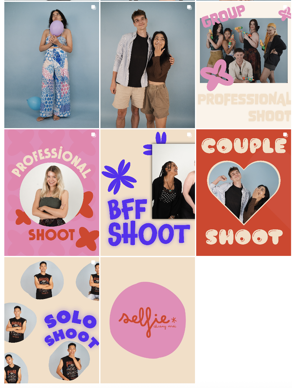 Collage of young people in various playful and fun photography setups, including group shots, solo shoots, and themed backdrops with colorful graphics and text.
