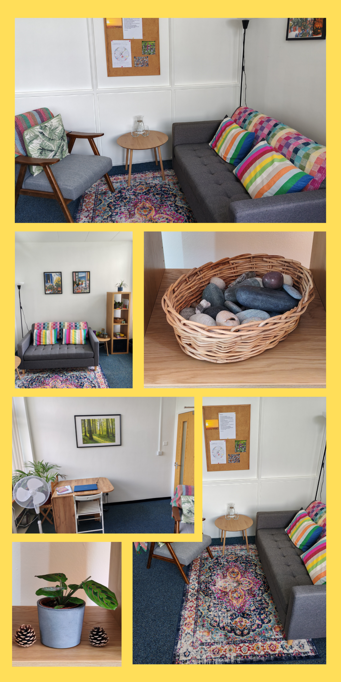 Images of a therapy room with seating and other furniture