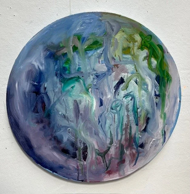 Circular painting on white background. Blues and greens swirling. 