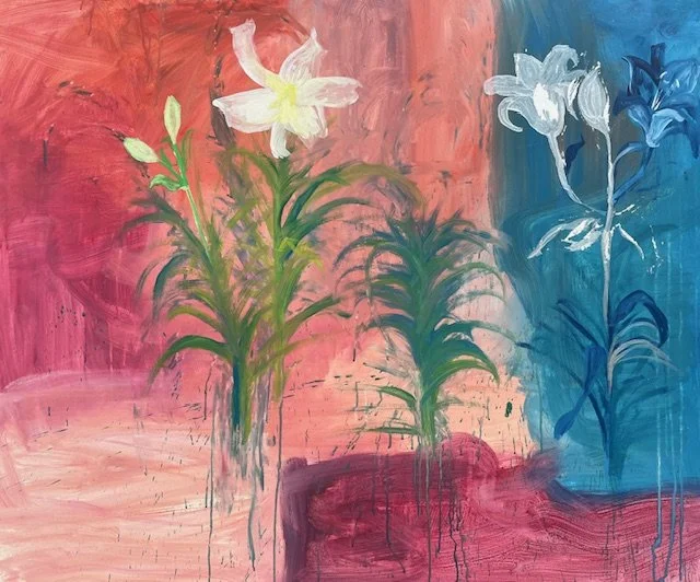 Blue, red and orange picture of lilies. 