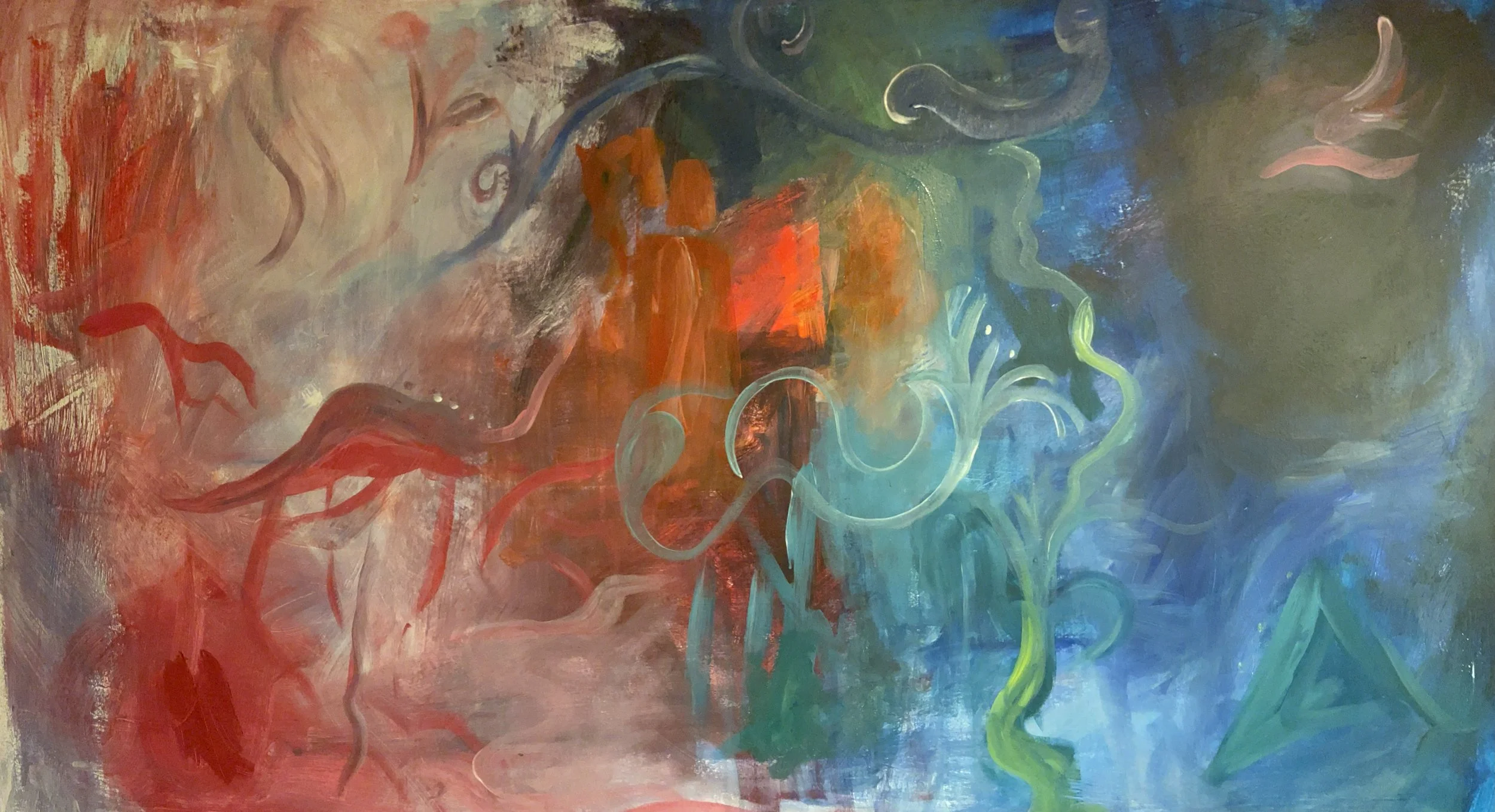 Multi coloured painting with shapes swirling. 