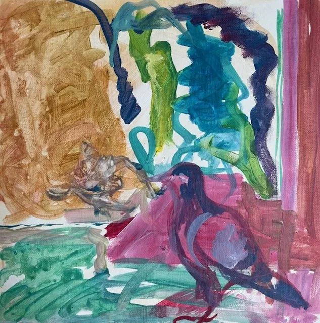 Multi coloured painting of pigeon on the side, semi abstract. 