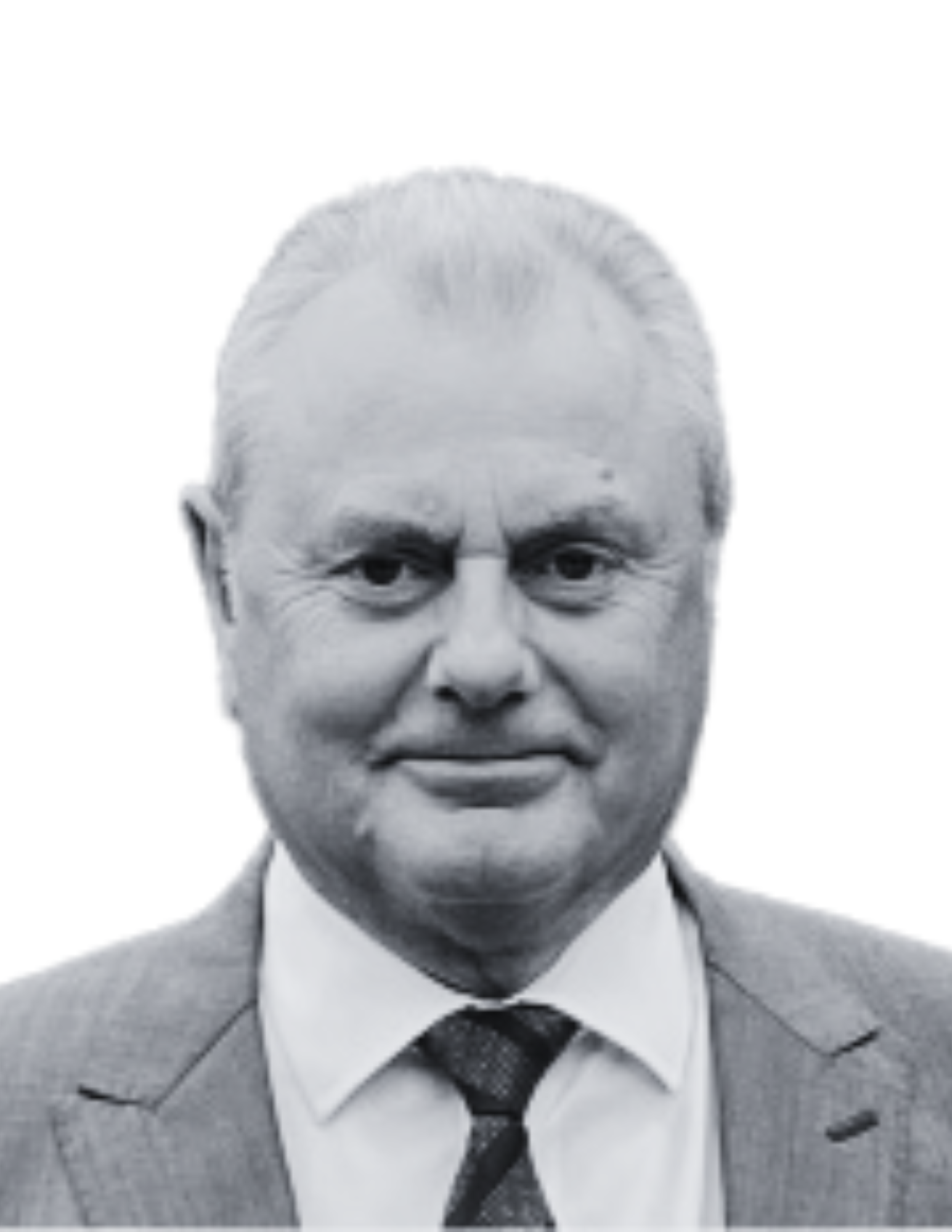 Black and white portrait of a middle-aged man with combed-back hair, wearing a suit and tie.
