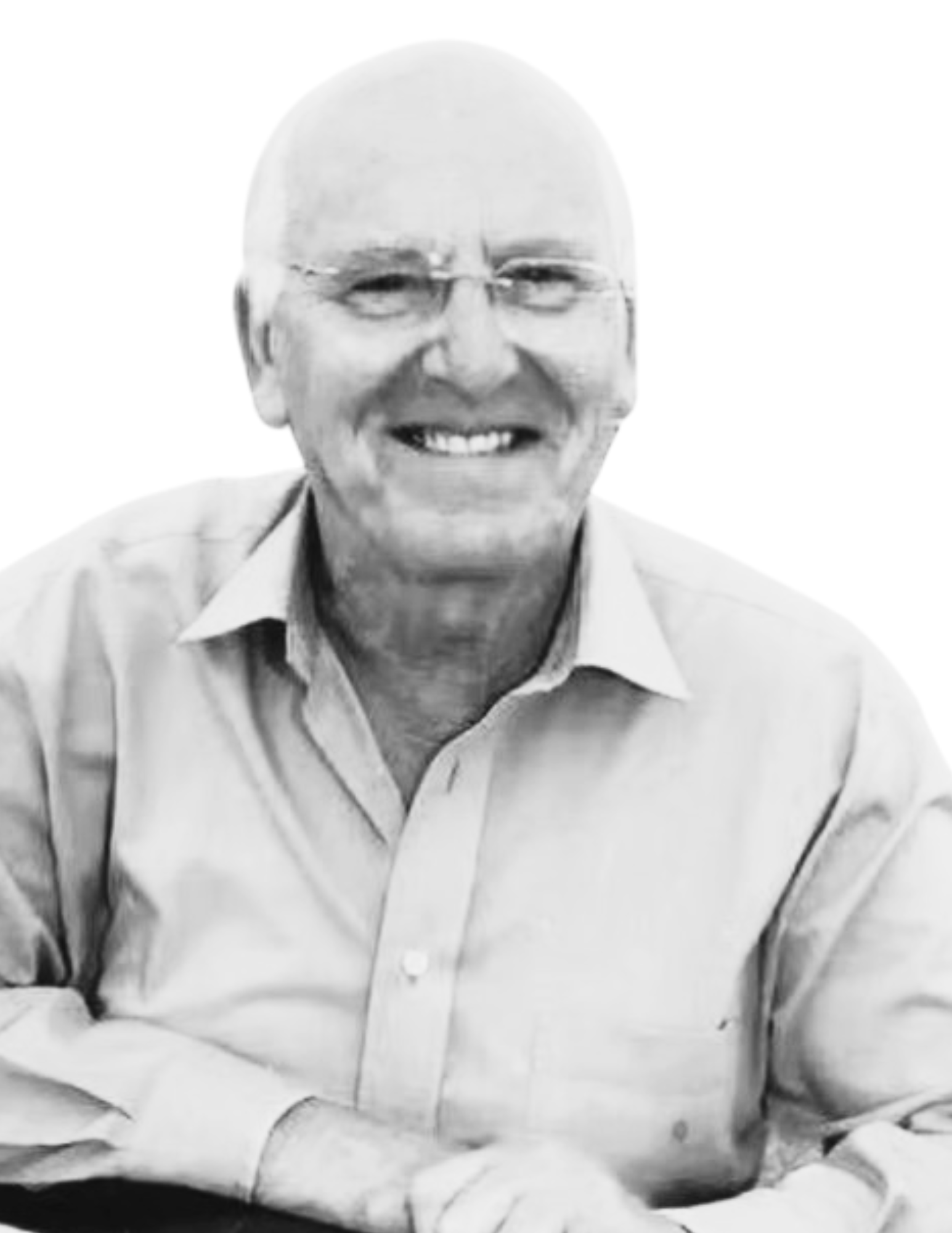 A smiling elderly man with glasses, wearing a collared shirt.