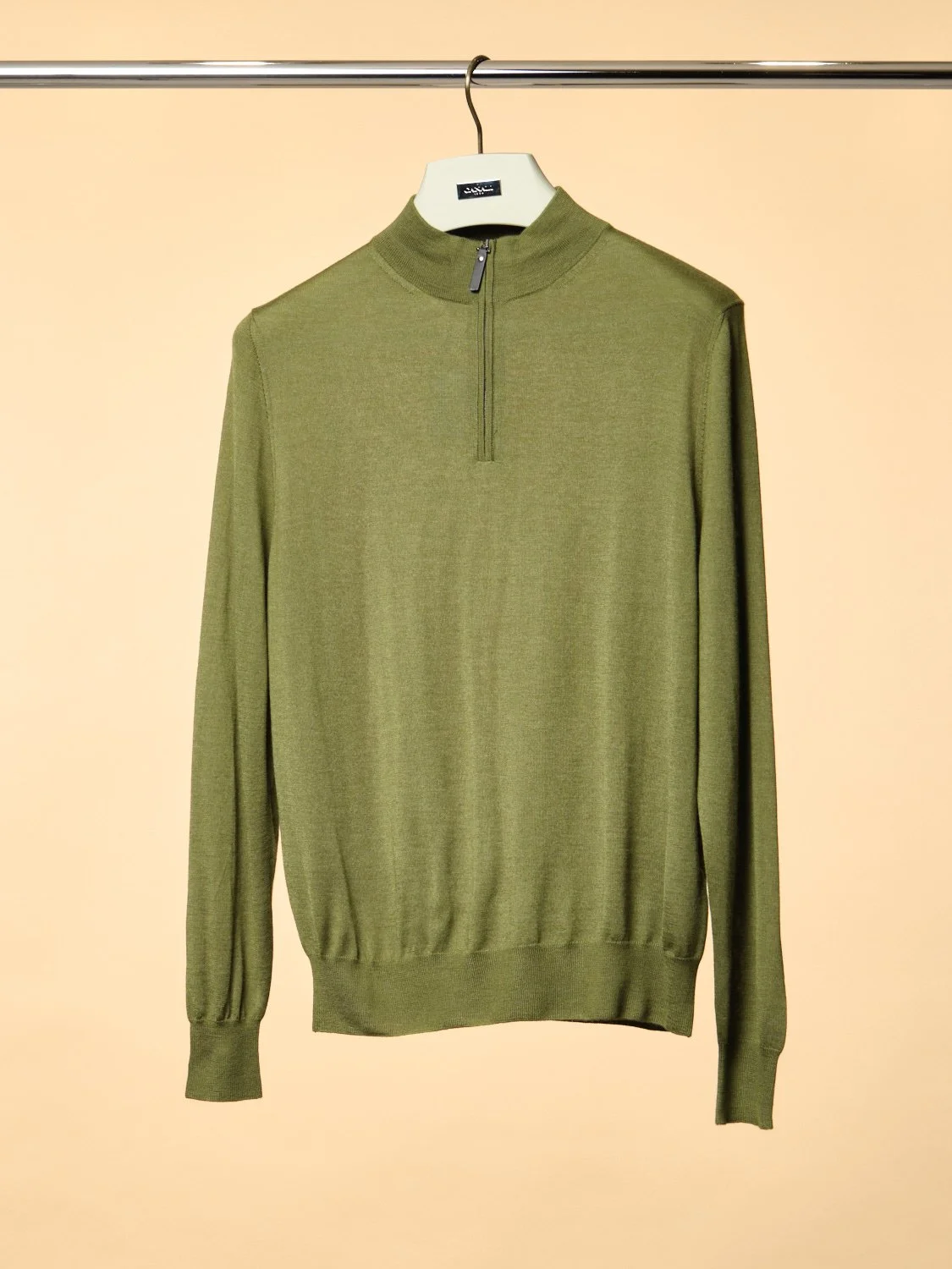 Olive 1/4 zip knit 35% wool 30% silk 35% cashmere $995