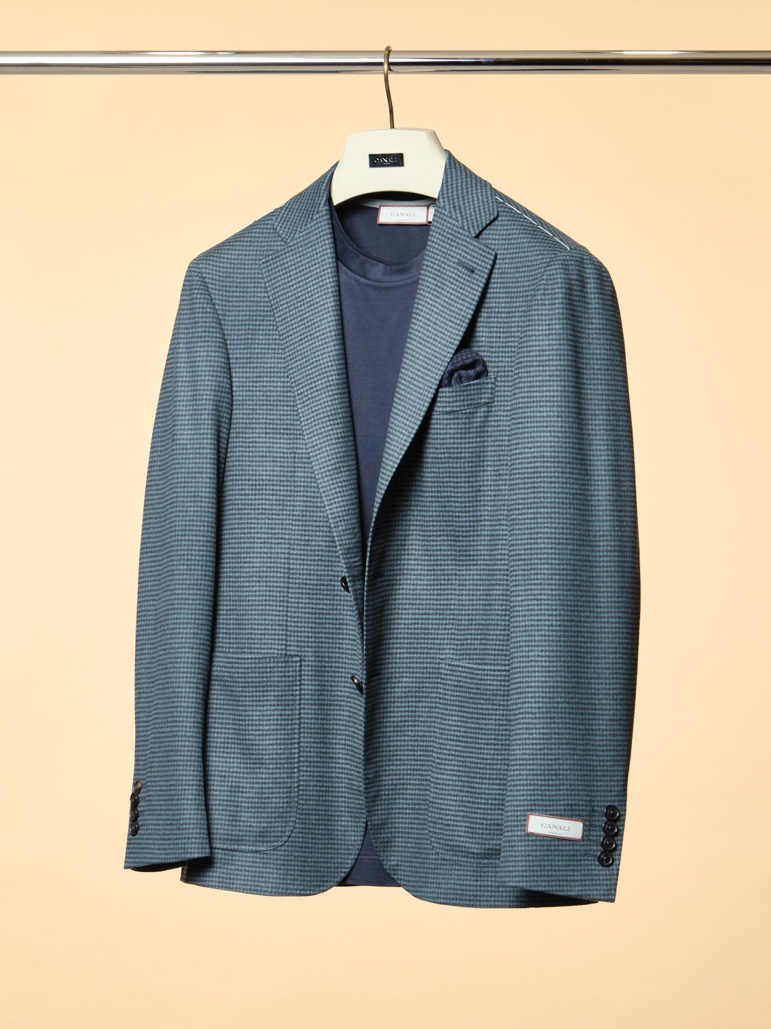 1/2 Lined Kei jacket in micro blue check 94% wool 6% cashmere $4250  