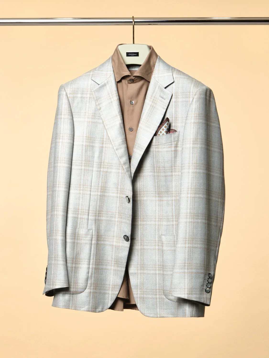 53% Silk 47% Cashmere Regular Fit Silver and Tan Check $4995