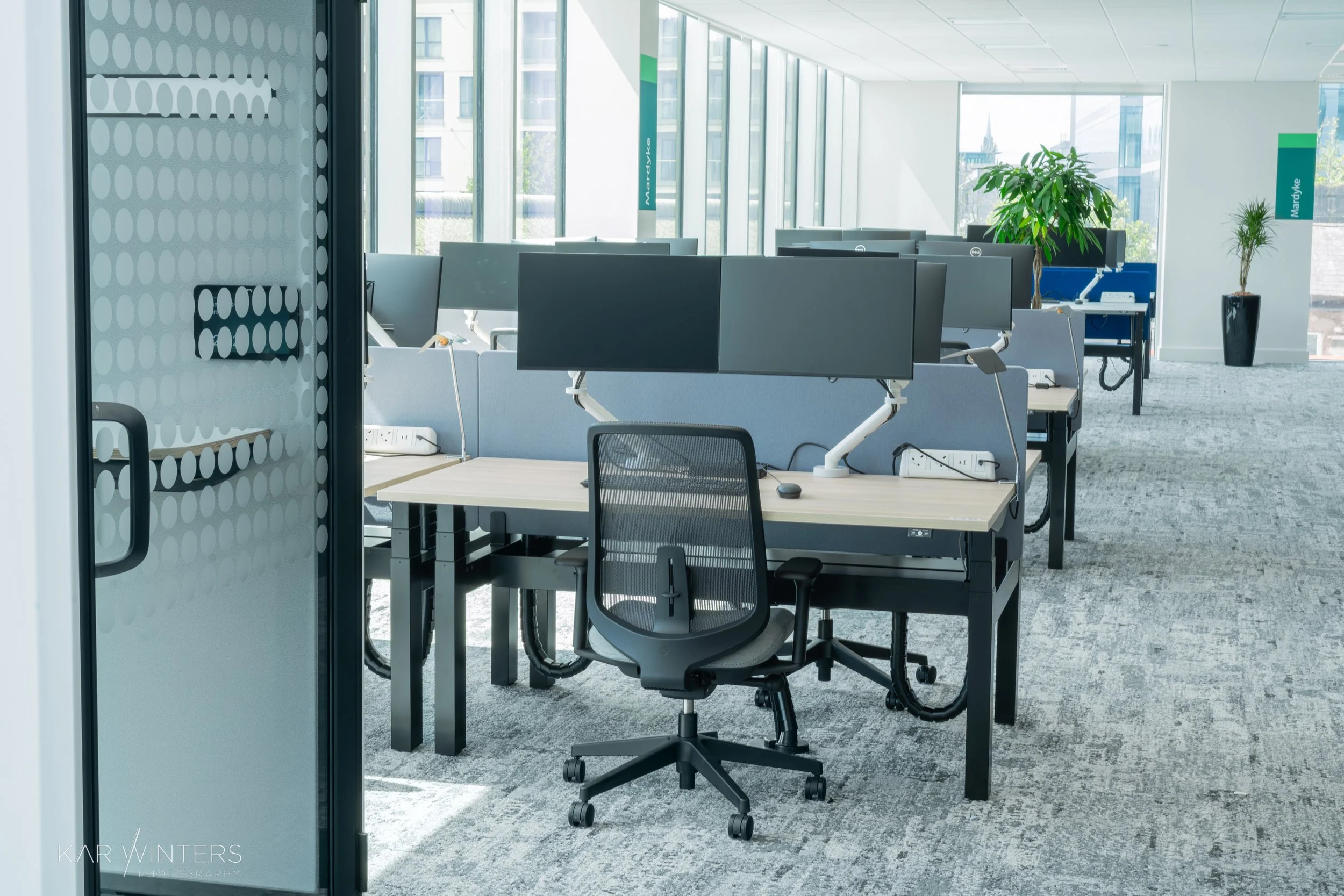Modern office workspace with rows of desks, each equipped with dual monitors, office chairs, and power strips. Large windows allow natural light to fill the room, with potted plants adding a touch of greenery.