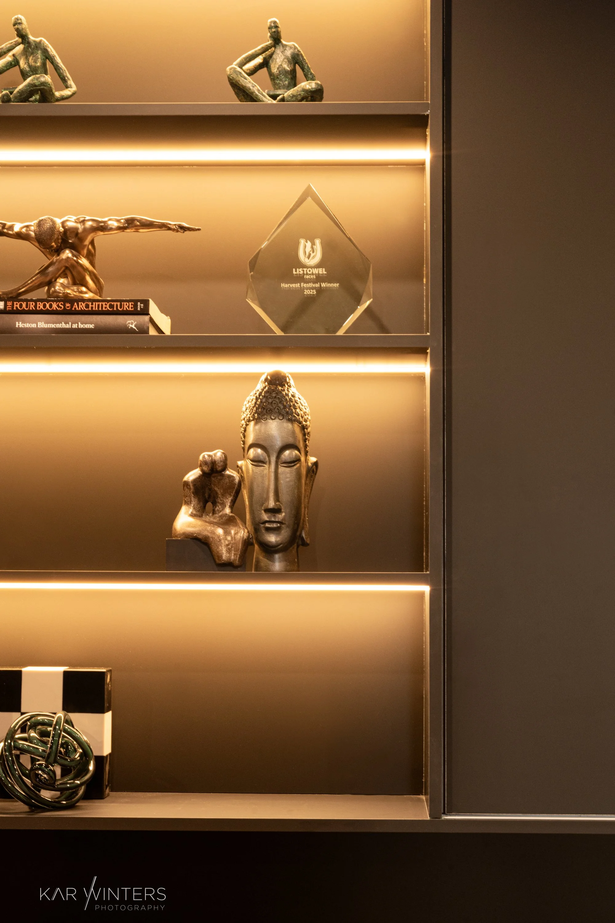 Decorative display shelf holding sculptures and an award plaque, with books and decorative objects, under warm lighting.