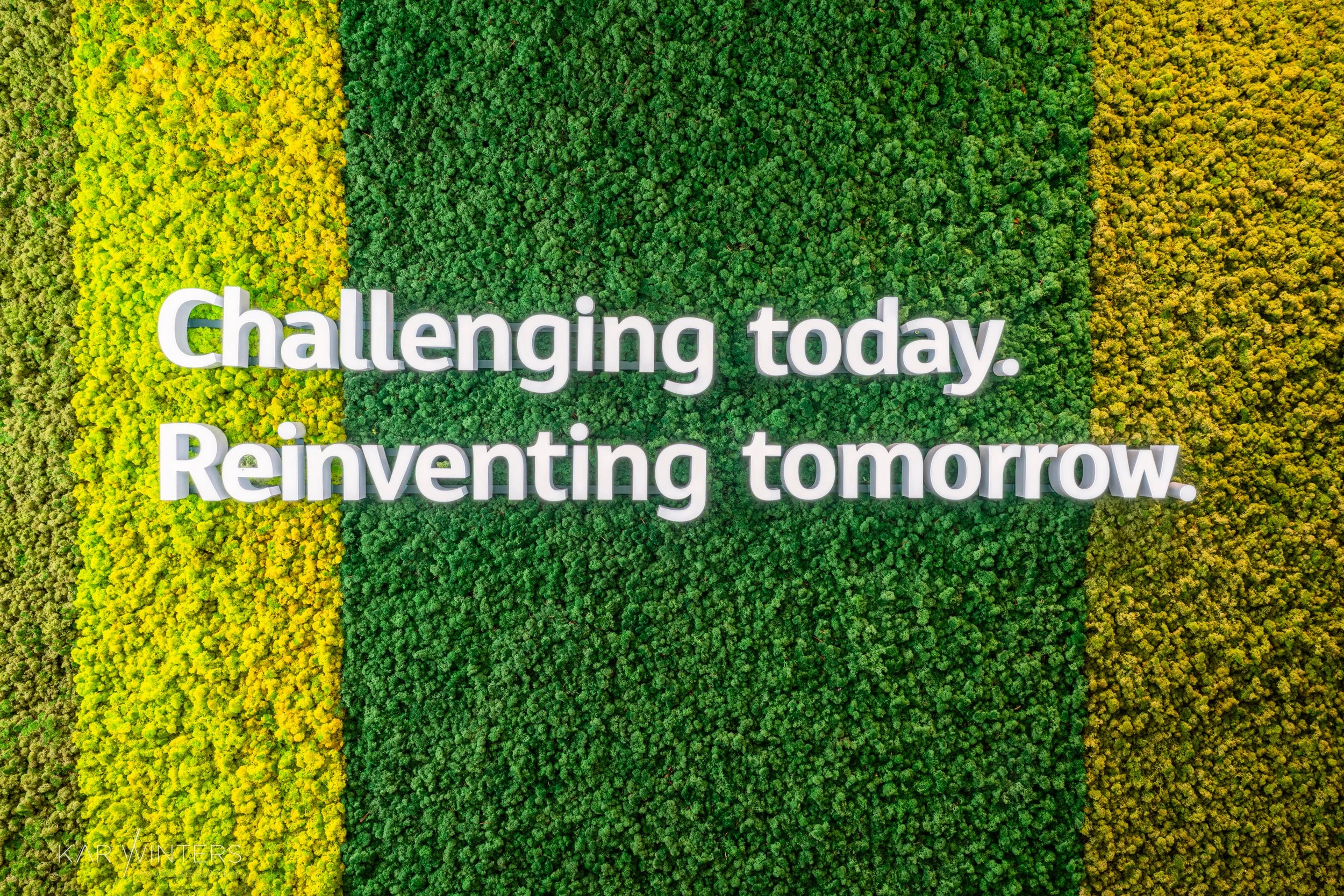 Overhead view of a textured surface made of green and yellow moss with the words 'challenging today. Reinventing tomorrow.' in bold, white 3D letters.