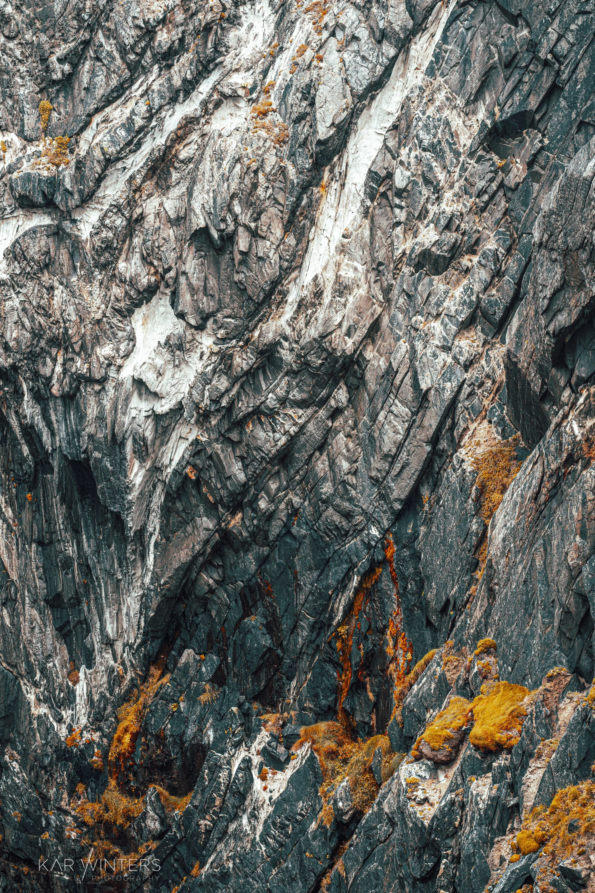 Close-up of a rugged mountain cliff face with dark gray and rust-colored sections, and patches of small orange and yellow plants growing in crevices.