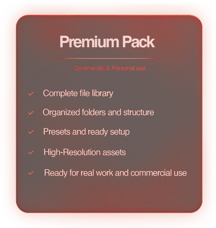 Image of a promotional poster for a Premium Pack, listing features suitable for commercial and personal use, including complete file library, organized folders, presets, high-resolution assets, and ready-to-use resources.