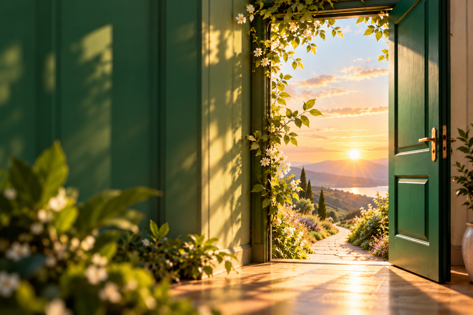 Open green door revealing a sunny outdoor landscape with a river, mountains, and trees during sunset, framed by blooming white flowers and greenery.