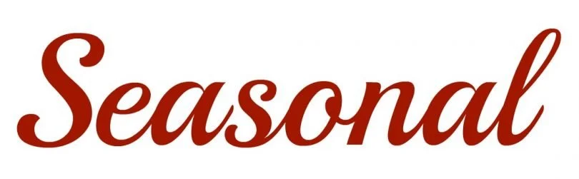 The word 'Seasonal' written in cursive, dark red font on a white background.