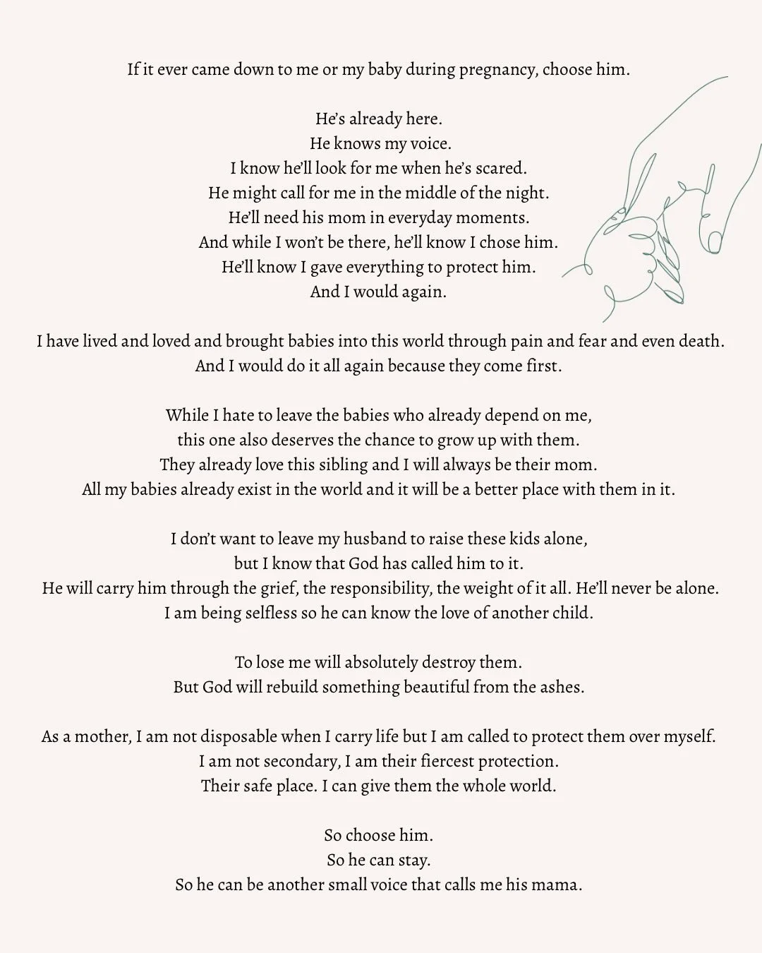 I saw this post and I know it hit a lot of mothers right in the heart. We can&rsquo;t imagine leaving our husbands and our children. Nor should we be able to. It&rsquo;s an unthinkable evil that any mother should die. Or that death exists at all. It 