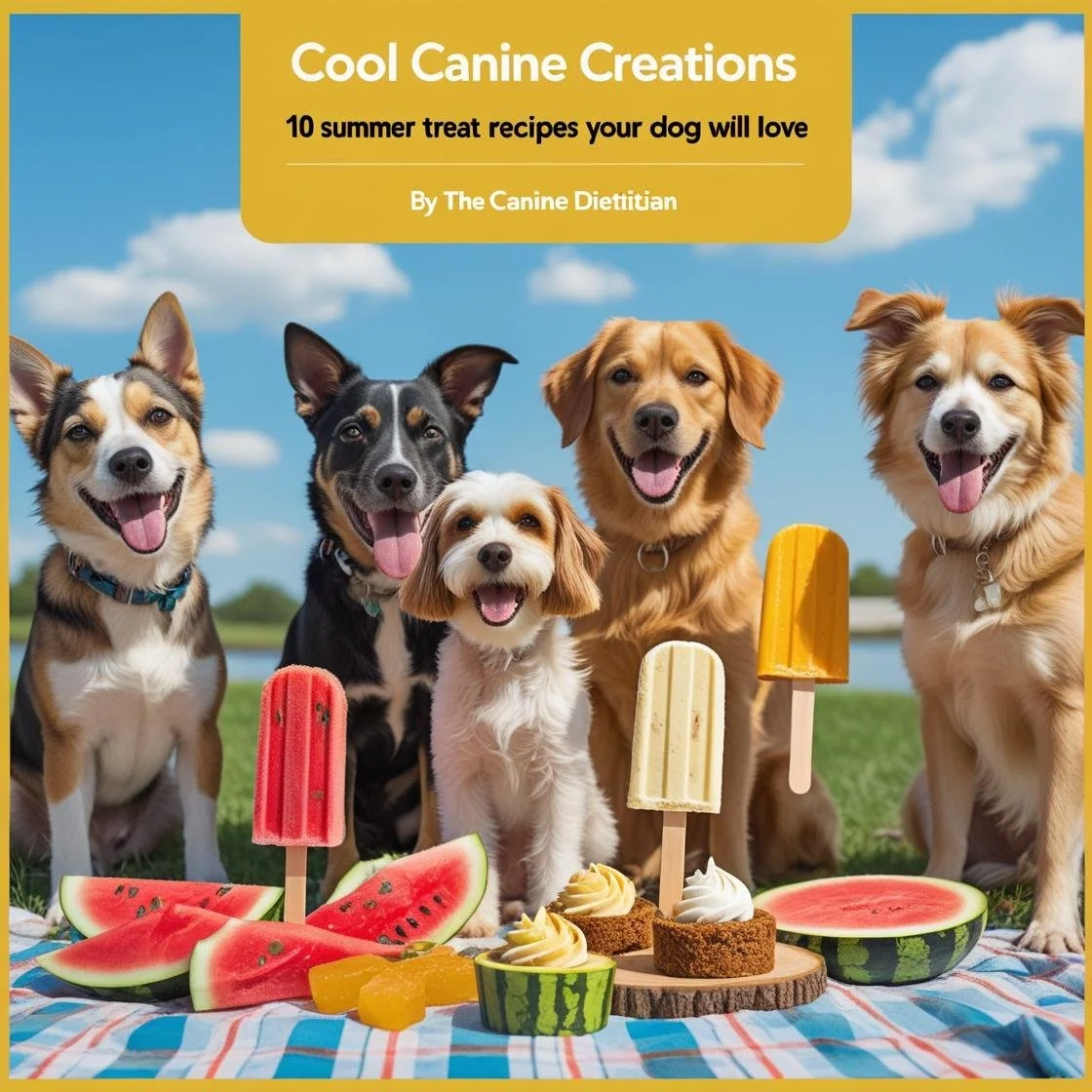 design me an instagram post titled _Cool Canine Creations - 10 Summer Treat Recipes Your Dog Will Love_ - By The Canine Dietitian. include pictures of dogs and summer treats with a summer theme.jpg