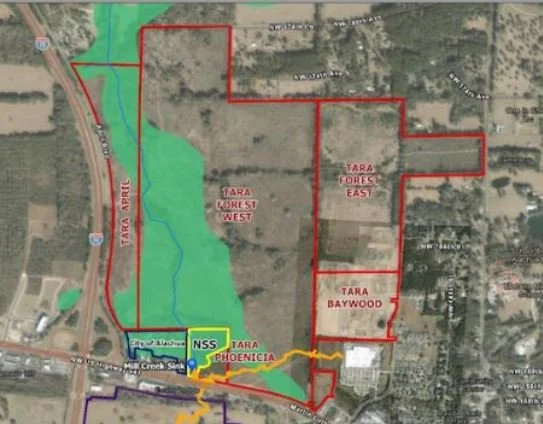 Proposed Tara development next to Mill Creek Sink. NSS (border in yellow) is the National Speleological Society who owns the land Mill Creek Sink is on.