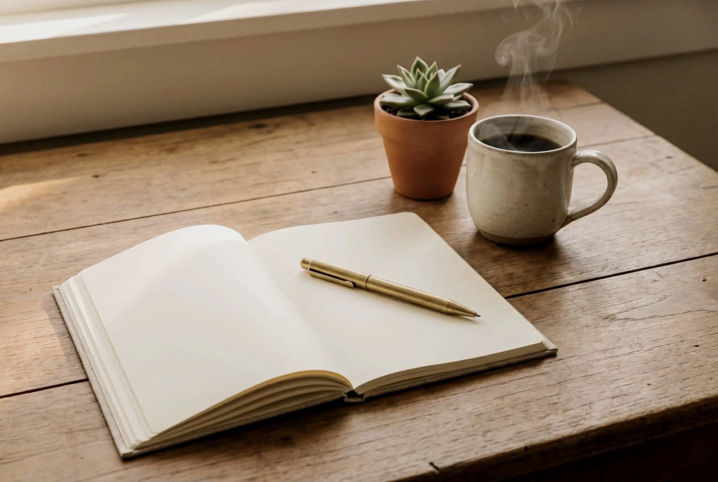 Flat lay of a wooden table with coffee, pen and paper displayed
