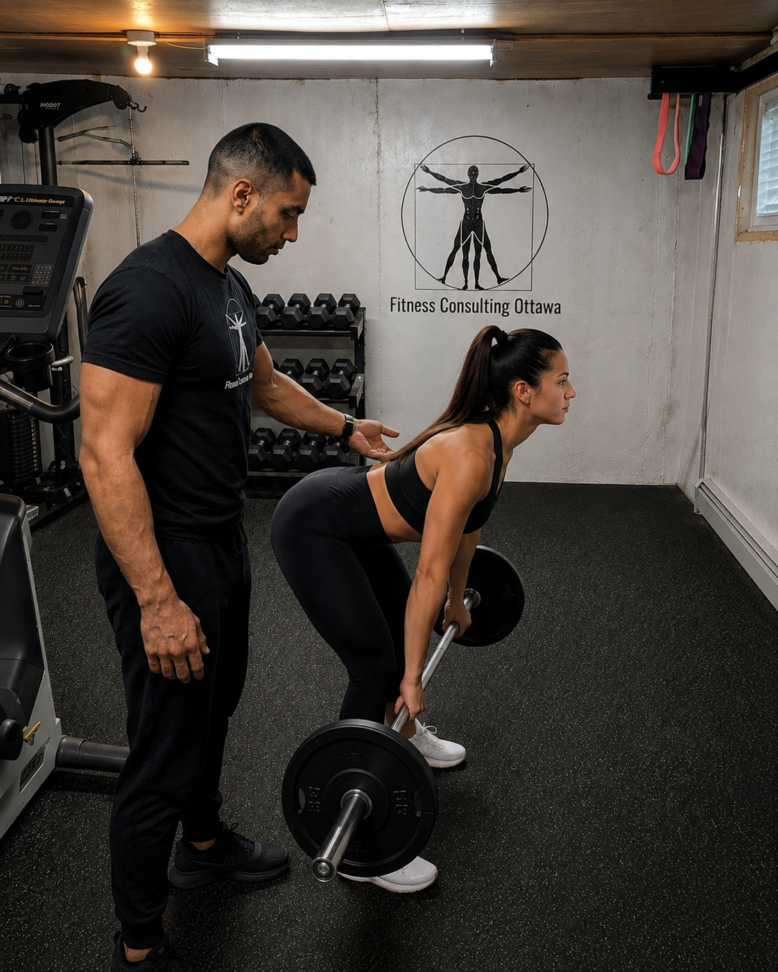 A woman performing a bent-over barbell row exercise with a trainer supervising, inside a gym with fitness consulting Ottawa logo on the wall.