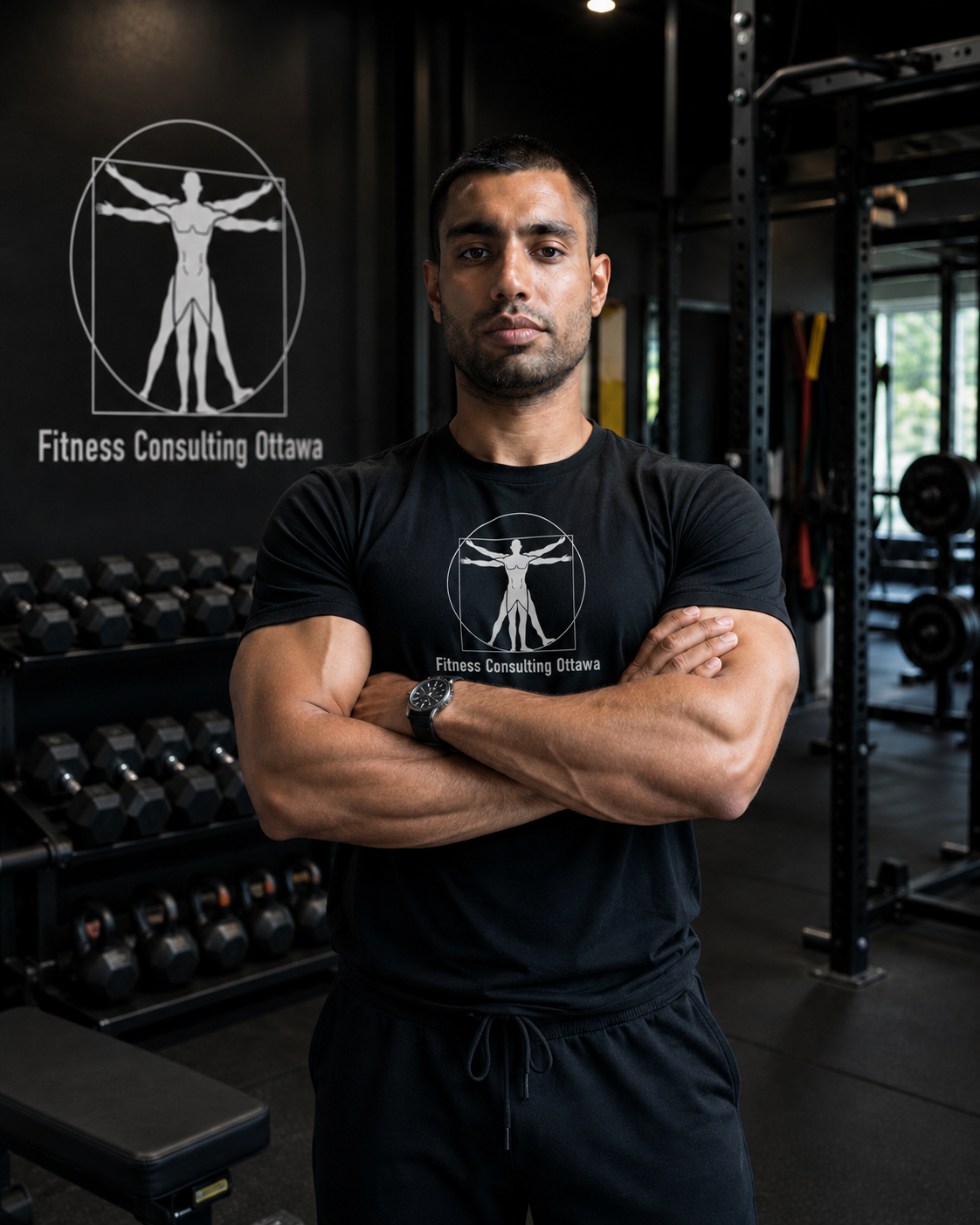 A man with crossed arms wearing a black T-shirt with a logo of a human figure and the text 'Fitness Consulting Ottawa' standing in a gym.
