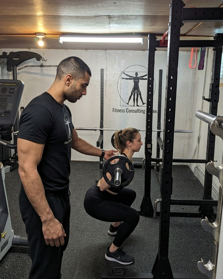 A woman performing a barbell squat with a trainer nearby in a gym setting, with fitness equipment and a wall logo reading 'Fitness Consulting'.