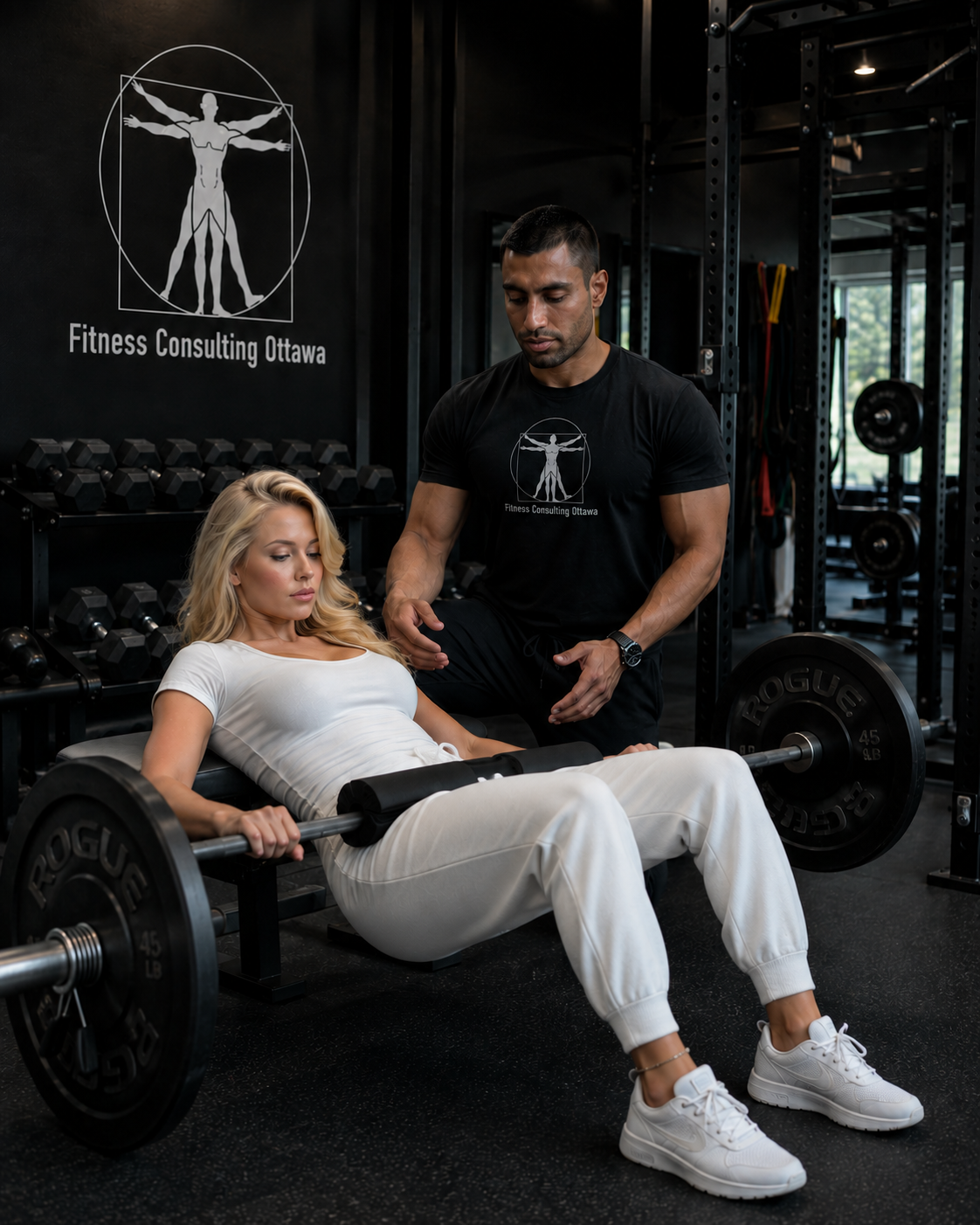 A woman is performing a barbell hip thrust exercise with a trainer overseeing her at Fitness Consulting Ottawa gym.