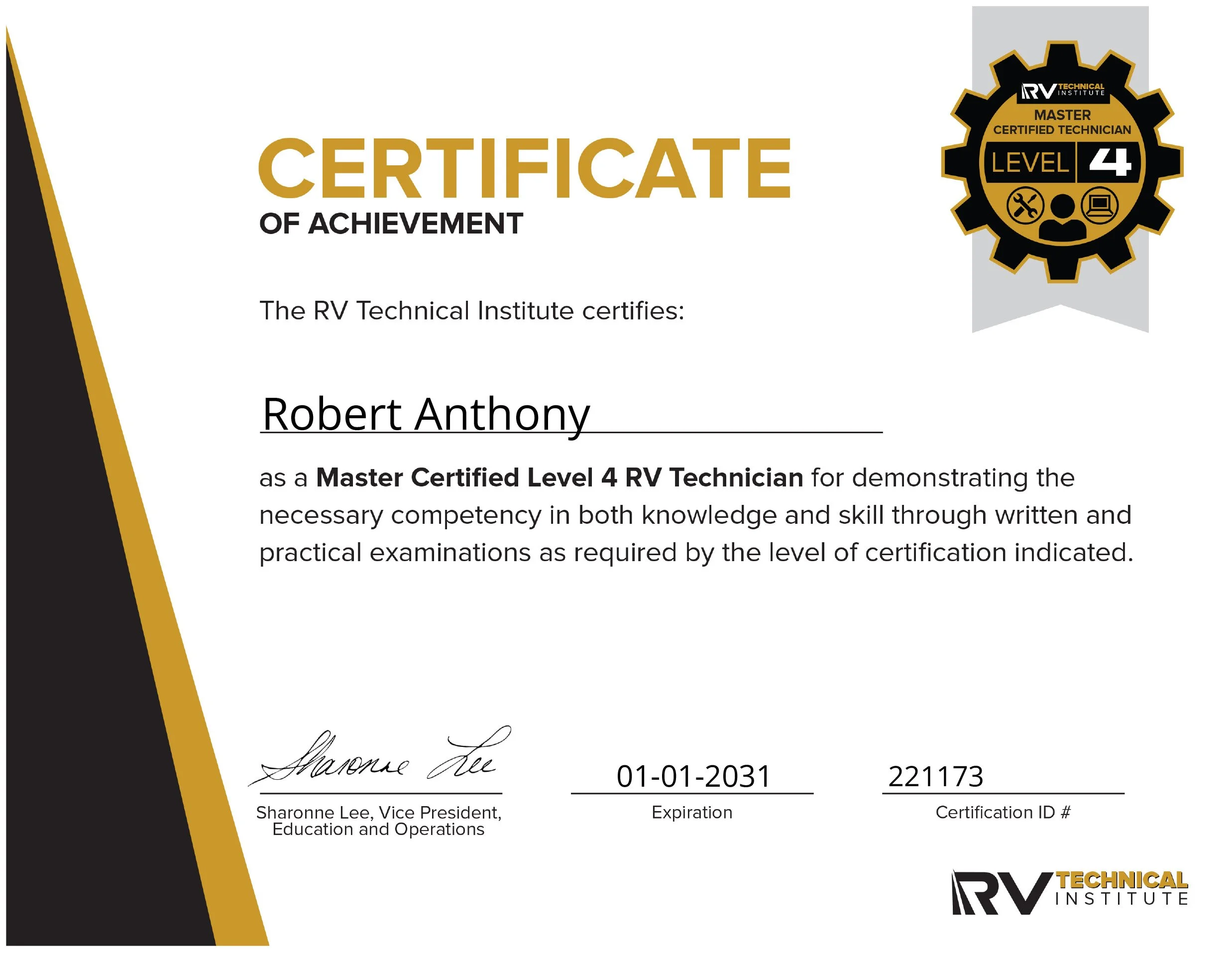 Proud Milestone: Achieving RVTI Level 4 Master Technician Certification!