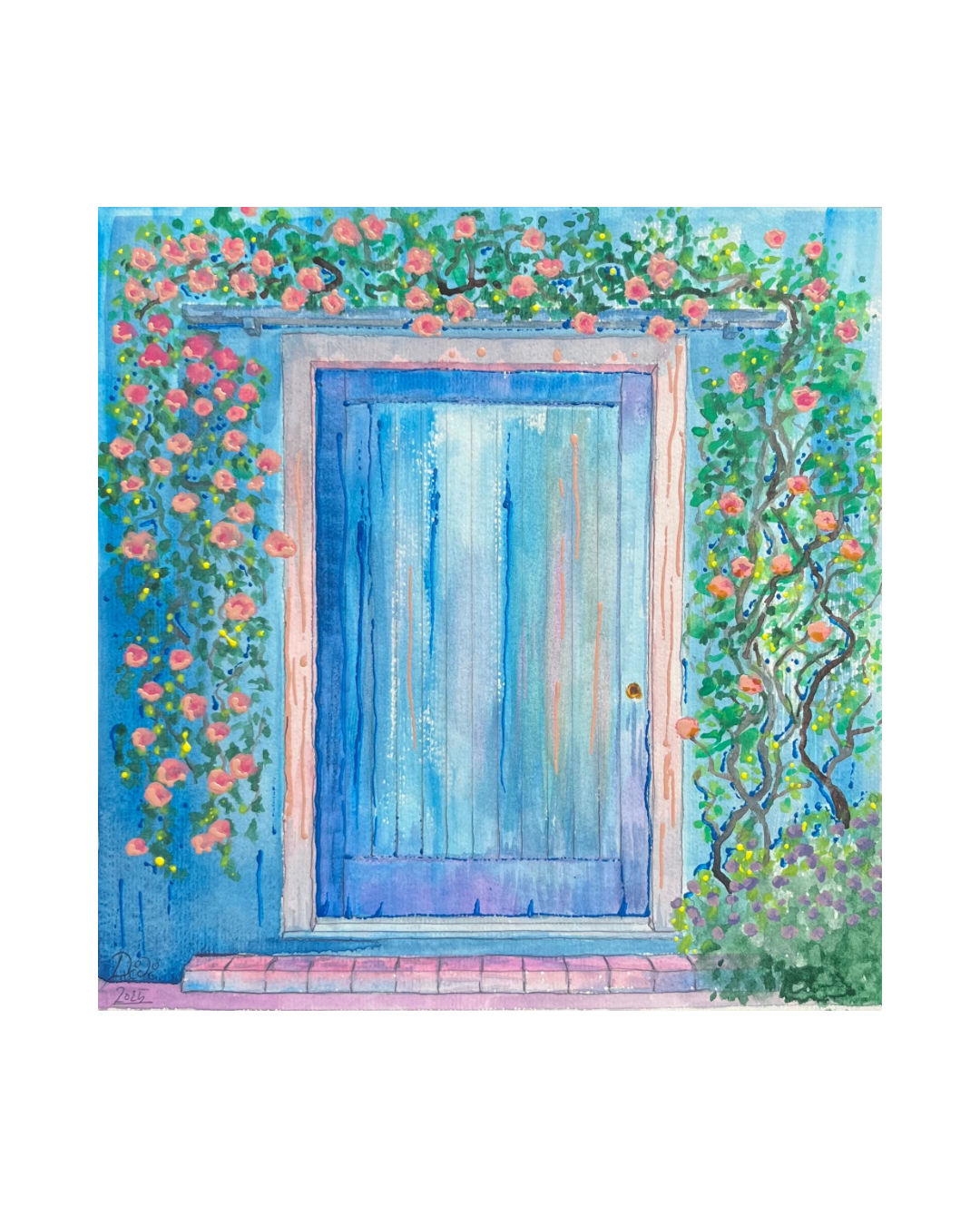 Rustic Blue Door in Blossoms Watercolour Painting