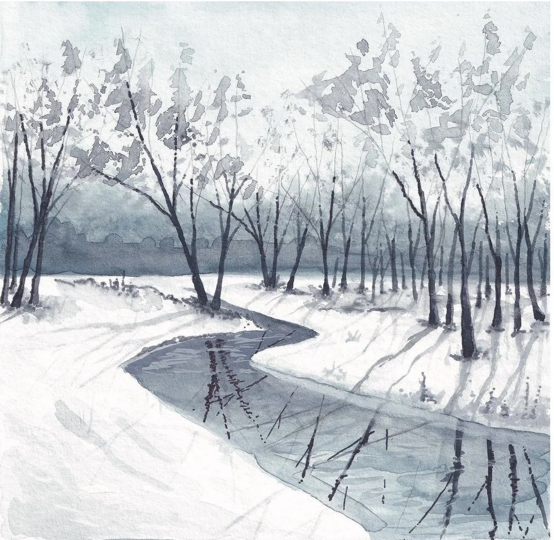 Tranquil Winter River Watercolour Art