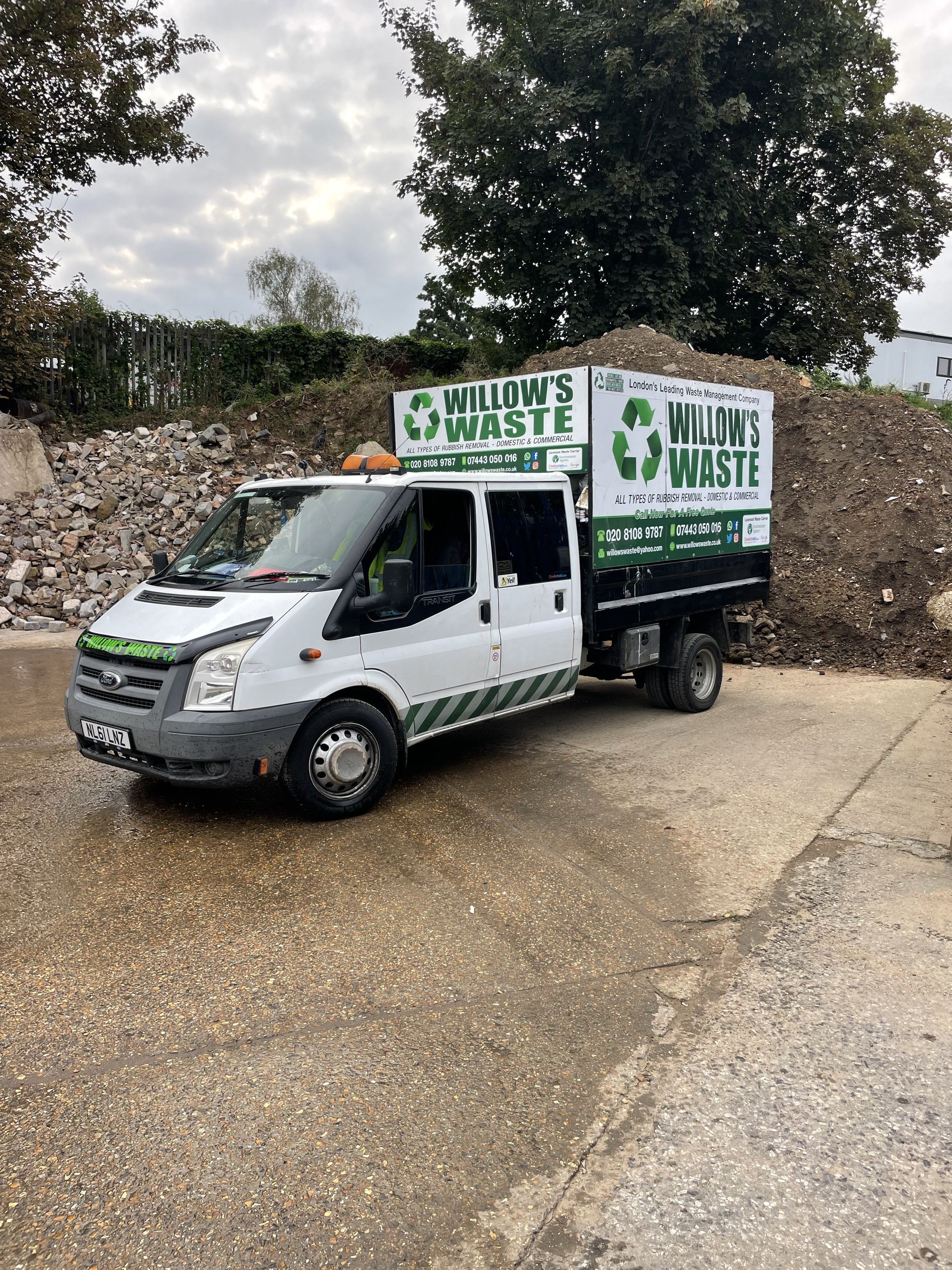 Garden waste collection Clapham willows waste van with green recycling logo big pile of mud green waste and recycling waste WILLOWS WASTE  garden waste