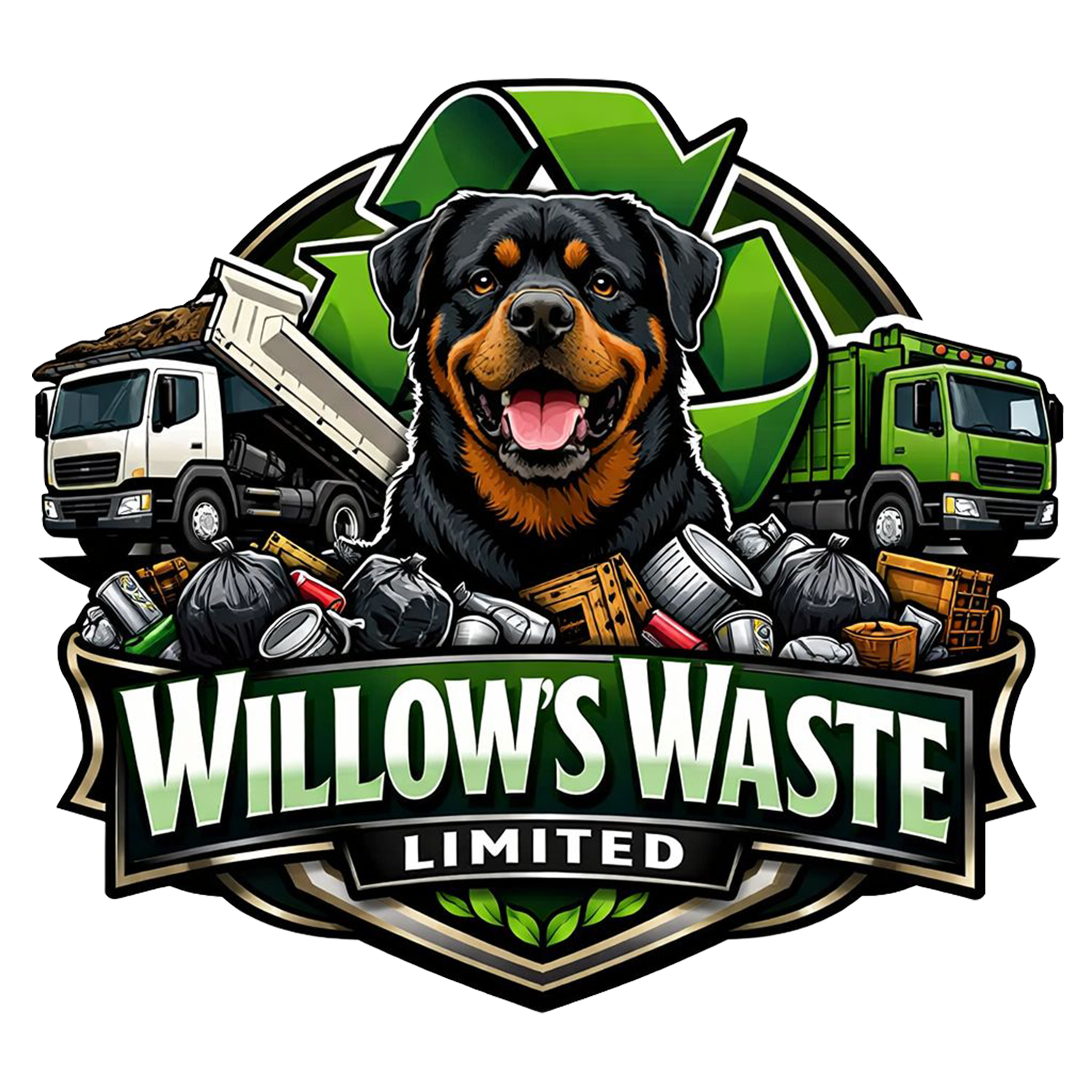 Logo for Willow's Waste Limited featuring a Rottweiler dog, recycling symbol, waste trucks, and garbage.