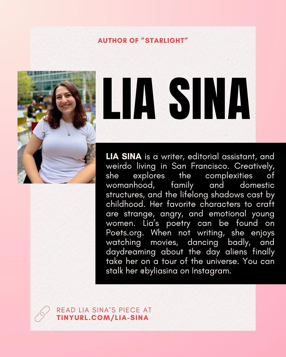 Read Lia Sina&rsquo;s prose piece, &ldquo;Starlight&rdquo; in The Core Review Issue 2!

Read her piece online:&nbsp;http://tinyurl.com/lia-sina

Buy the issue in print: https://tinyurl.com/thecore2

#prose #thecorereview #forkapplepress #litjournal #