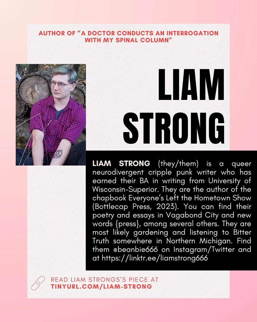 Read Liam Strong&rsquo;s poem, &ldquo;a doctor conducts an interrogation with my spinal column&rdquo; in The Core Review Issue 2!

Read their piece online: http://tinyurl.com/liam-strong

Buy the issue in print: https://tinyurl.com/thecore2

#poetry 