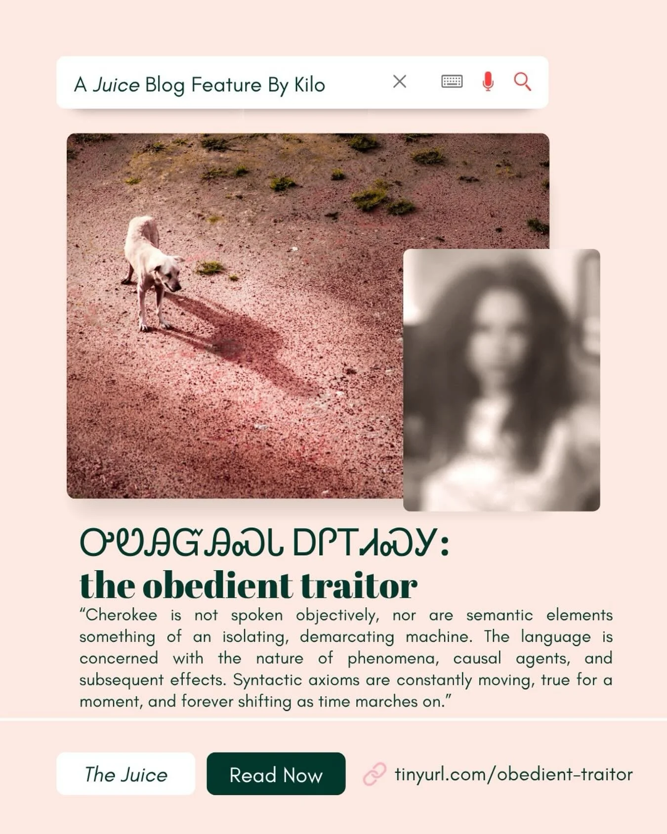 This month on The Juice, Kilo untangles the perpetuation of colonialism within Cherokee and other indigenous communities, and explores how the Cherokee language acts as a continual resistance to colonization. In &ldquo;The Obedient Traitor,&rdquo; Ki