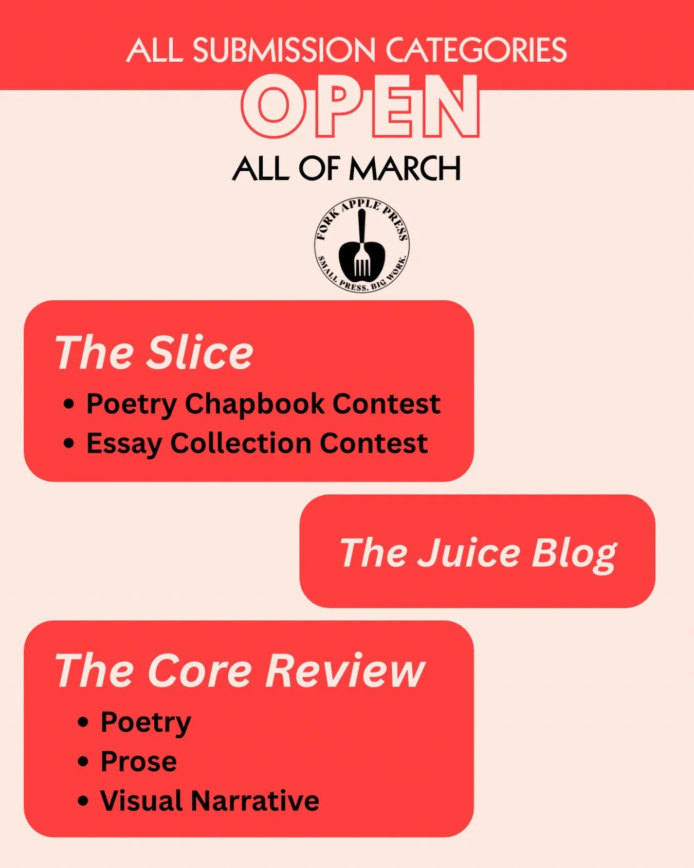 All submission categories are OPEN for #AWP26 !! 

Submit to The Core Review, The Juice, The Slice Poetry Chapbook Contest, and The Slice Essay Collection Contest through the end of March. We can&rsquo;t wait to read your work!